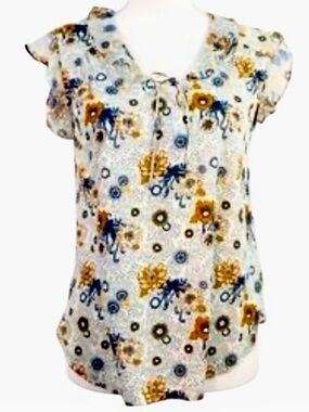 Lucky Brand Floral Knit Top with Flutter Cap Sleeves in Blue/Gold/White Womens M